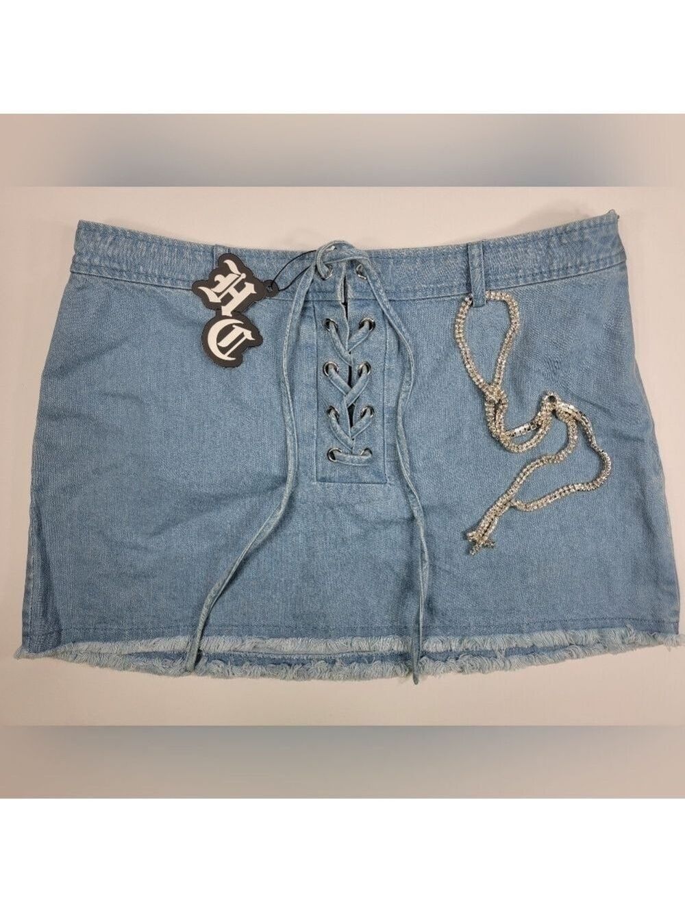 NWT HIDDEN CULT Denim Blue Jean Skirt Tie Front Light Wash NEW Women's Large